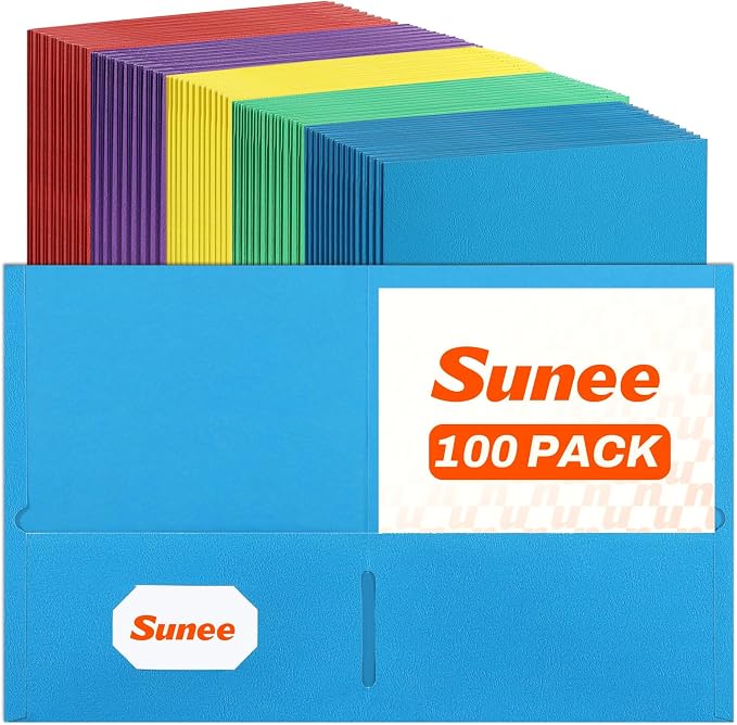 SUNEE Two Pocket Folders, 100 Pack File Folders with Business Card Slot, Assorted Colors, Textured Paper, Fit Letter Size Paper, Paper File Folder for School Office Home Business