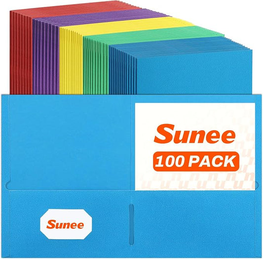 SUNEE Two Pocket Folders, 100 Pack File Folders with Business Card Slot, Assorted Colors, Textured Paper, Fit Letter Size Paper, Paper File Folder for School Office Home Business