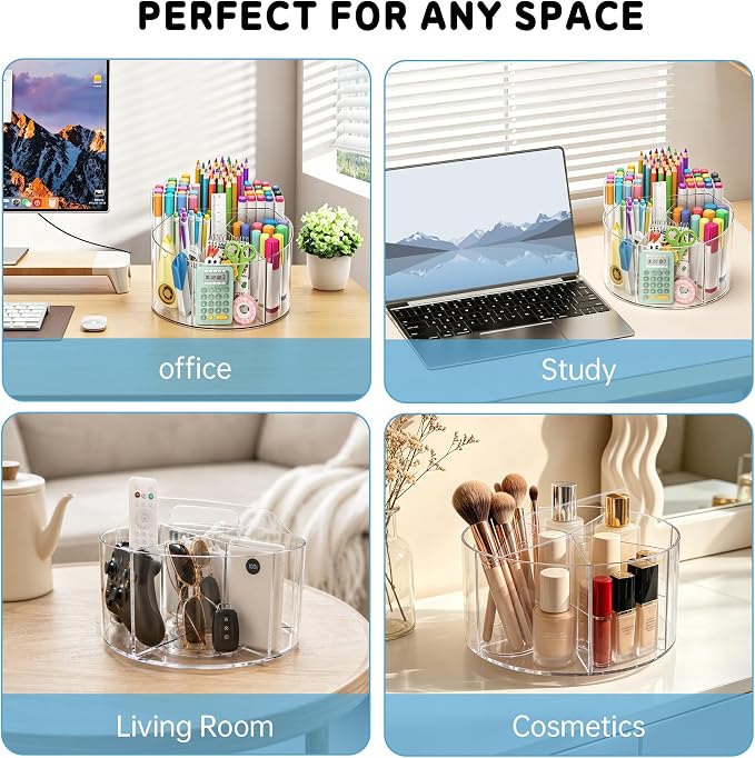 SUPEASY Acrylic Rotating Pencil Holder, 360° Clear Pen & Marker Organizer | Crayon Art Supply Organizer with 6 Compartments and Carry Handle for Desk, Home, Office, Classroom