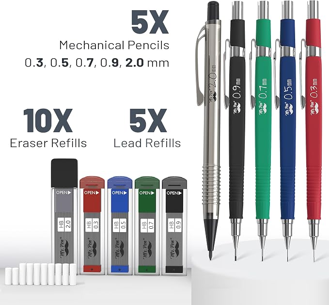 Mr. Pen- Art Mechanical Pencil Set, 5 Mechanical Pencils (0.3, 0.5, 0.7 | 0.9, 2.0mm), 5 HB Lead Refills & 10 Eraser Refills, Precision Drawing Pencils for Sketching, Writing & Technical Artwork