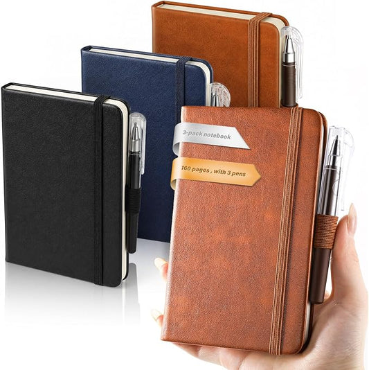 AISBUGUR Small Notebook Journal - 3 Pack Total 480 Pages - Pocket Notebooks with Pens for Work - 3.7" x 5.7" A6 Notebook - Hardcover Mini Notebooks