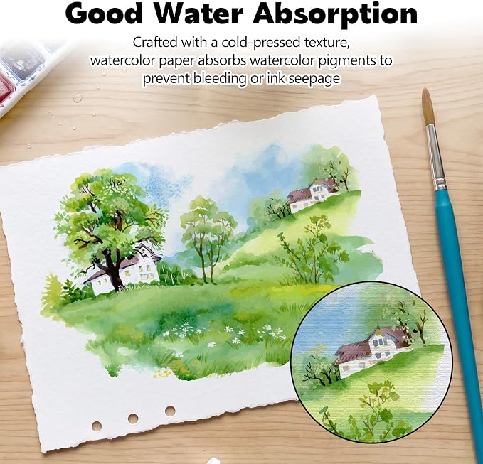 Watercolor Journal, 24 Sheets, 5.5 x 8.1 in, Khaki Leather Cover | Cold Press Deckle Edge Paper, Ring Binder, Mixed Media Sketchbook, Portable for Travel and Class