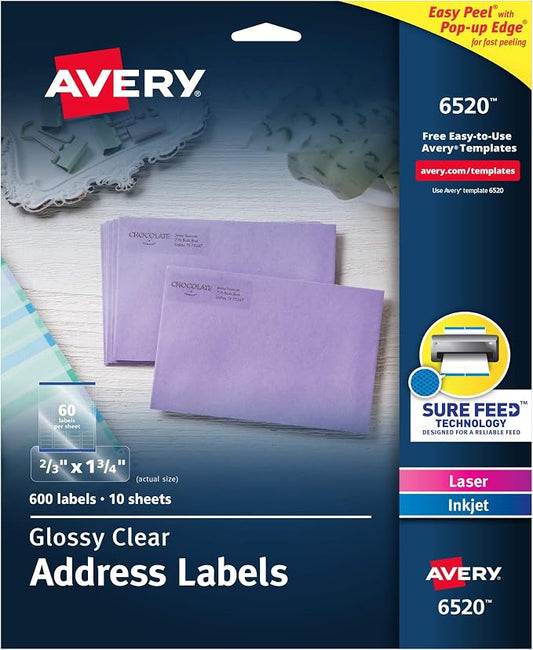 Avery Printable Return Address Labels with Sure Feed, 2/3" x 1-3/4", Glossy Clear, 600 Blank Mailing Labels (06520)