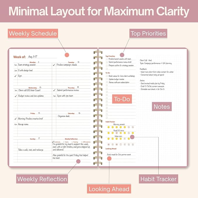 Undated Weekly Planner, 8.5" x 11", Dashboard Layout, Pink | Dateless, Top Priorities, To Do List, Habit Tracker, Weekly Notes Space, Weekly Reflection, For Work, School & Life