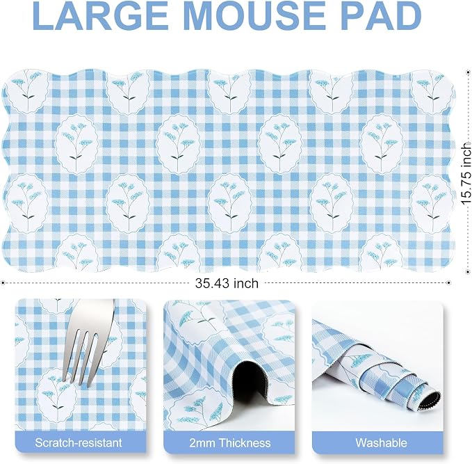 L-SPOUTTO Blue Mouse Pad,Cottagecore Scalloped Desk Mat XXL Gaming Mousepad | Checkered Floral Large 35.4x15.7in Non-Slip Rustic Keyboard Pad Desktop Mat for Laptop Computer Game Home Office