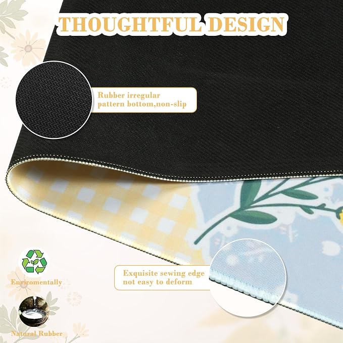 iCasso Aesthetic Checkered Desk Mat with Floral Design, XXL Mouse Pad and Keyboard Mat, Cute Flower Mousepad for Grily Desktop Decor, Office Home Laptop Accessories（Butter Yellow