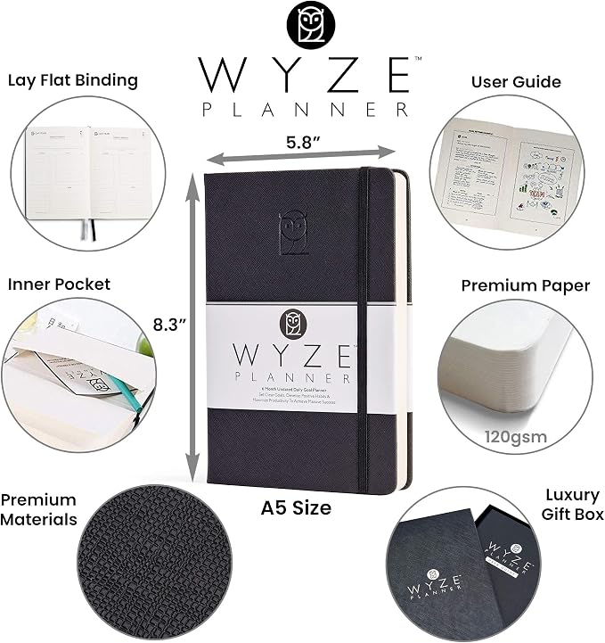 Wyze Planner Undated Daily Planner – 6-Month A5 Productivity Organizer with Full Page Per Day, ADHD Friendly, Hourly Schedule, Goal Setting, Habit Tracker, Weekly & Monthly Pages – Hardcover Time Management Notebook (Black)