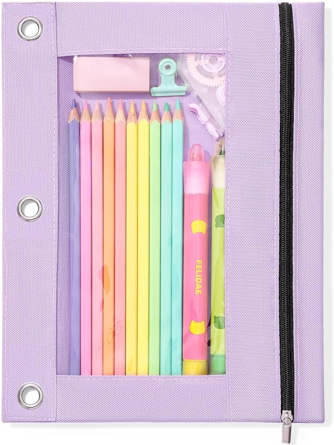 SUNEE Pencil Pouch for 3 Ring Binder, Large Zipper Pencil Case with Clear Window, 3 Reinforced Grommets, Binder Accessories for School and Office Supplies Storage, Lavender