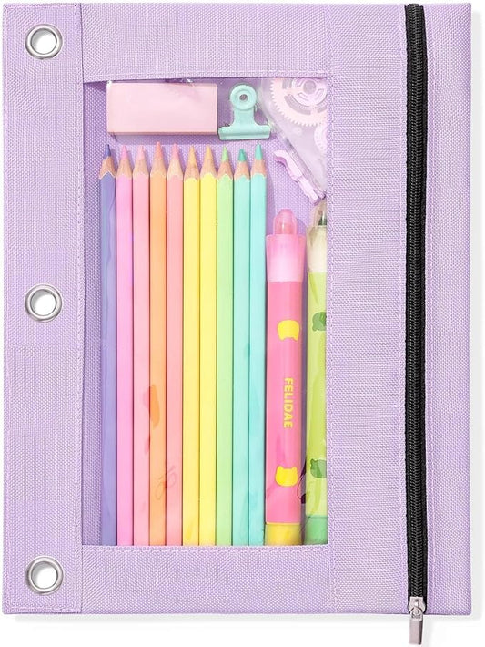 SUNEE Pencil Pouch for 3 Ring Binder, Large Zipper Pencil Case with Clear Window, 3 Reinforced Grommets, Binder Accessories for School and Office Supplies Storage, Lavender