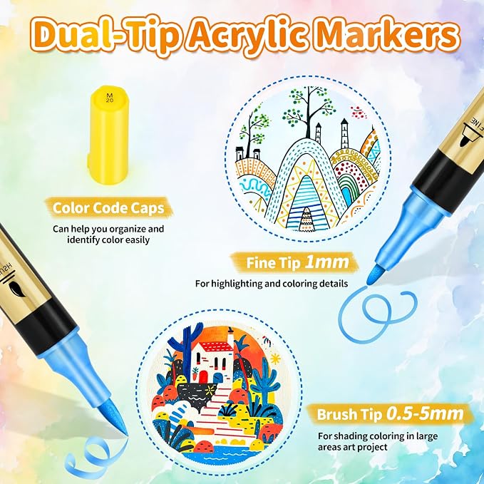IVSUN 30 Metallic & 30 Regular Colors Dual Tip Acrylic Paint Markers | Works on Black Paper, Photo Album, Rock Painting, Wood, Card Making, DIY Crafts, Scrapbook Supplies