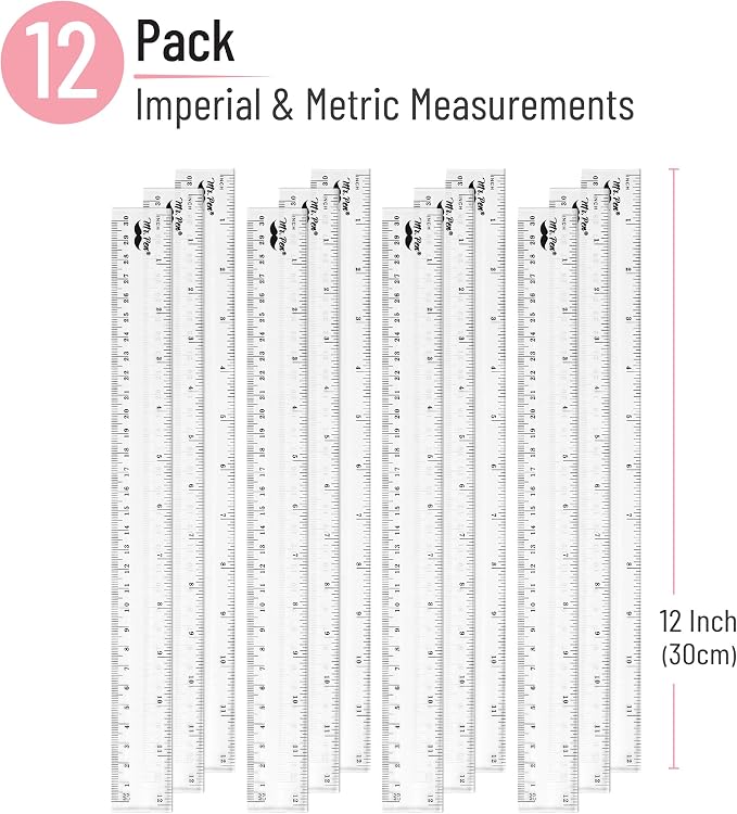Mr. Pen- Plastic Rulers, 12 Inch, 12 Pack, Easy-to-Read Markings | Scratch-Resistant Design, Durable Clear Ruler for Crafting Office & School, School Supplies, Bulk Rulers Set, Measuring Tools