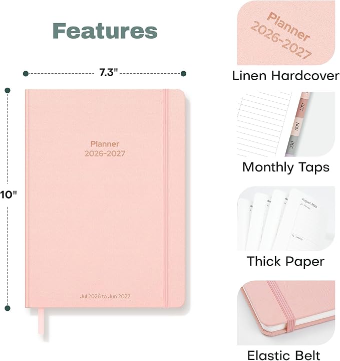 Planner 2026-2027 Monthly and Weekly Academic Planner July 2026 - June 2027, Linen Hardcover Agenda 2026-2027 Calendar Daily Planner for Student Teacher with Monthly Tabs, 7.3" x 10", Light Pink