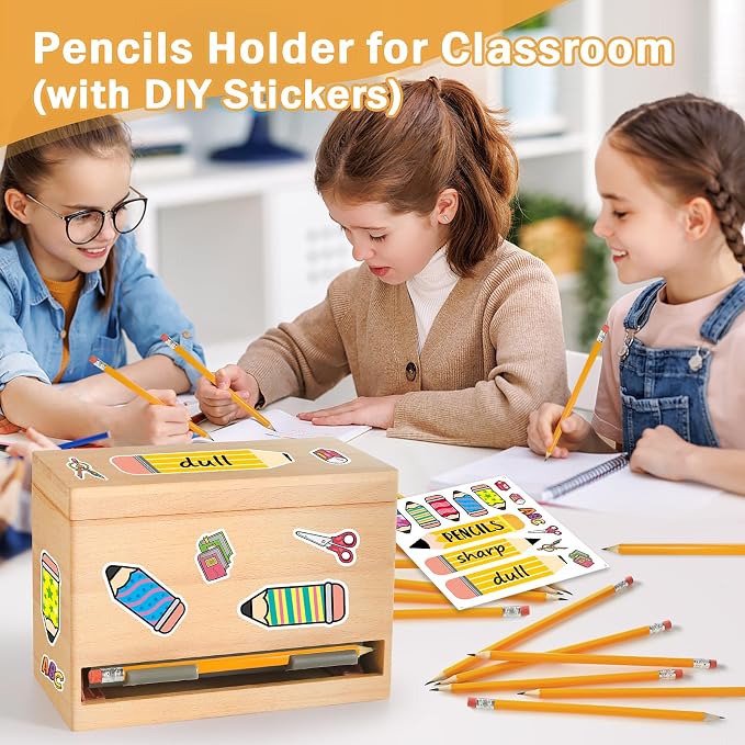 Aigybobo Pencil Dispenser for Classroom, Wooden Pencil Holder for Desk, Teacher Must Haves for Organization and Storage, Pencils Straw Dispenser for Classroom Office Kitchen Restaurant