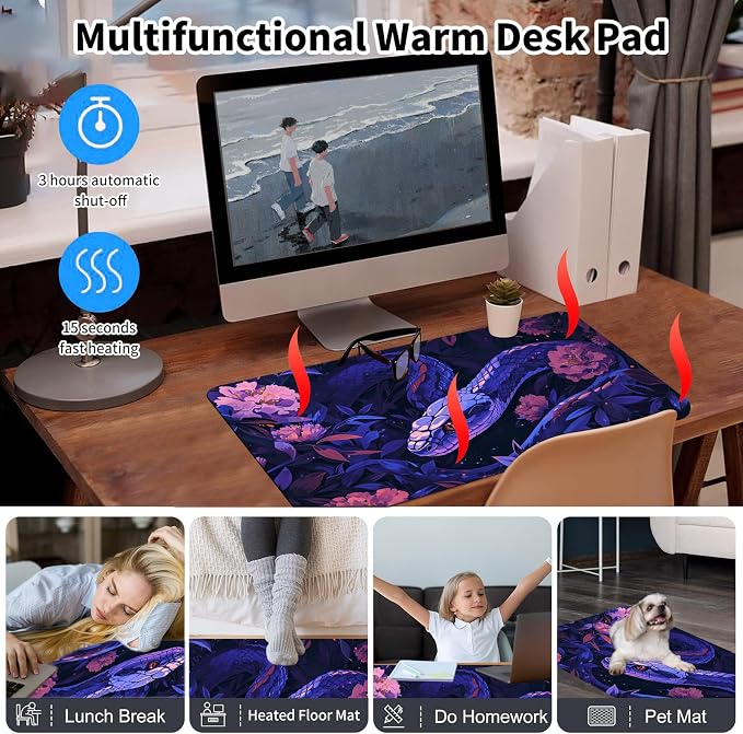 Heated Desk Pad Mouse Pad,Heated Desk Mat,with 3 Heating Levels & 3 Hours Auto Shut-Off,Leather 23.6"*14.2" Gaming Mouse Laptop Mat,Foot Warmer,Purple Snake Flower