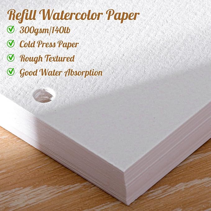 50 Sheets Refill Watercolor Paper for Watercolor Sketchbook, A5 300Gsm | 5.5 x 8 In, Hole-Punched for Binder Sketchbooks, Good Water Absorption, Mixed Media Paper, Durable Texture