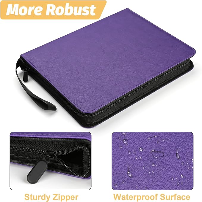 GERMUN 3 Ring 9 Pocket Zipper Card Binder, 720 Double Sided Standard PU Trading Card Album Folder for TCG & Sports Cards, Not Fit Top Loaders (purple)