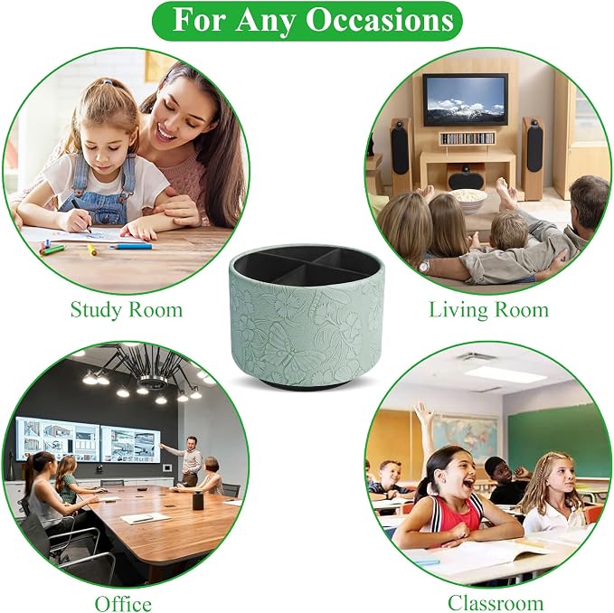 Round Leather Art Supply Organizer,Remote Control Holder,360-degree Rotating Pen Organizer with 4 Compartments(1-Butterfly Green)