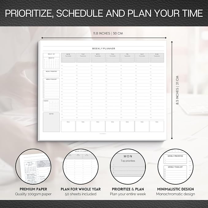 Weekly Hourly Planner Notepad, Daily Planner Desk Pad, Weekly Schedule, To Do List Note Pad, ADHD Planner | 50 Undated Tear Away Sheets | A4 (Mono)