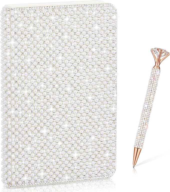 Resholder Rhinestone Pen & Glitter Notebook Set, Hard Cover Bling Diary Journal for Girls, Cute School Supplies for Back to School, Sparkly Desk Accessories Gift for Women(Pearl,A5,White)