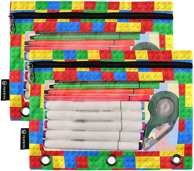 Gredecor Binder Pencil Pouch 3 Ring Plastic Building Blocks Zipper Pencil Pouches Case 2 Pack Clear Binder Organizer for School Office