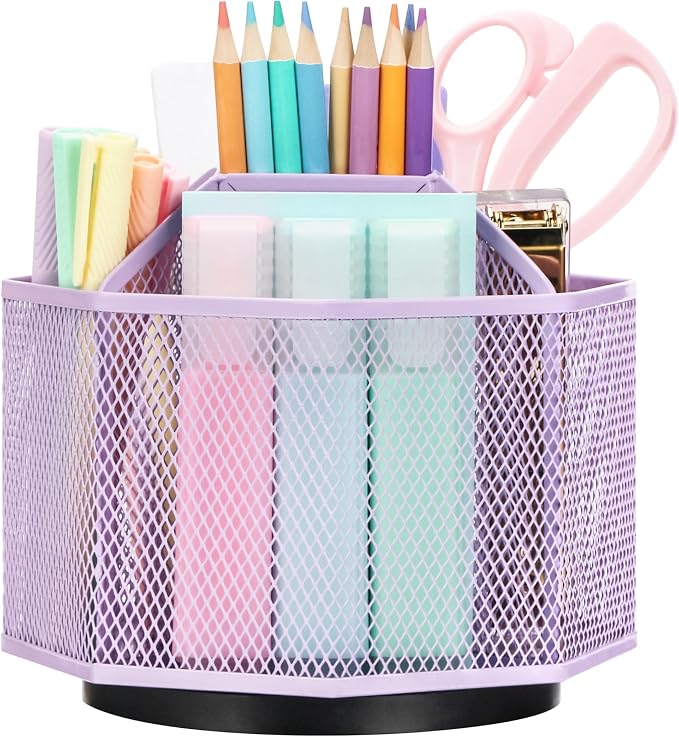 Exerz Desk Organizer 360 Rotating Pen Holder Storage Caddy Light Purple | Smooth Spinning Base With Open Mesh Sections Easy Access To Pens Brushes Scissors Daily Desk Tools