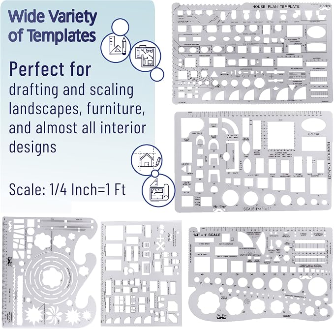 Mr. Pen- Professional Drafting Tools & Geometry Set with Case, 17 pcs | Mechanical Pencil, Fineliners, Scale Metal Ruler, Drawing Templates for Interior Design House Plan, Architect Protractor Set