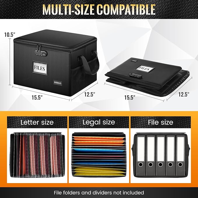 DEEGO Fireproof Document Box, Water-Resistant File Organizer Box with Lock | Document Safe Collapsible File Organizer with Handle, Filing Cabinets for Home Office for Hanging Letter/Legal Folder