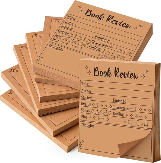 L1rabe Book Review Mini Sticky Notes - 6PCS Kraft Paper Self-Stick Notepads | Back to School Book Rating Stickers for Students, 300 Sheets Reading Tracker Log Stickers, Readers Lovers Bookworm Supplies