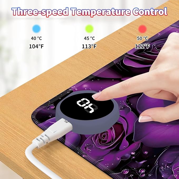 Heated Desk Pad Large Mouse Pad 23.6 x 14.1 inch with 3 Levels Heating & Auto Shut-Off Warm Mouse pad PU Leather Computer Mousepad for Home Office Work - Purple Rose Flowers