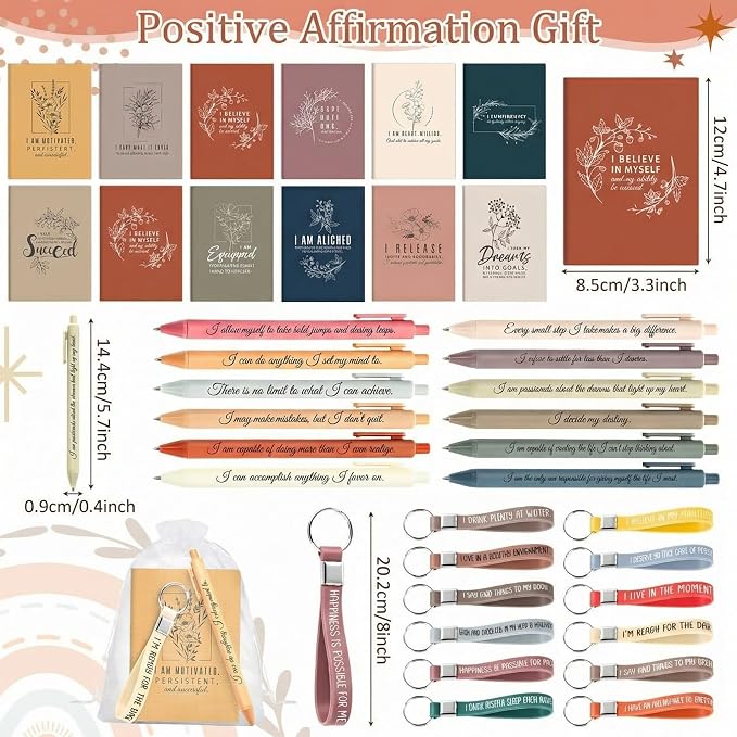 Mooliwe 12 Set Positive Affirmation Gift Set Gratitude Notebooks with Pens Keychains Small Bags Motivational Party Favors for Adult Women Coworkers Employee Group (Vibrant)
