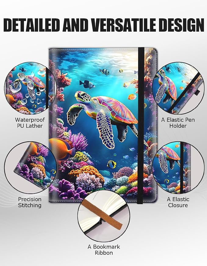 Hardcover Executive Notebooks, A5 PU Leather Lined Journal Notebook, 200 Pages Thick Paper Subject Notebooks for School,Work,Home Writing Business Notebook, Diary Book ，Sea Turtle Ocean 2