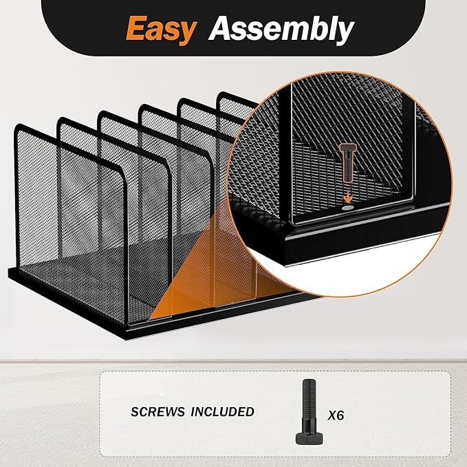 Kuntine.B Desk File Organizer Upright Mesh Desktop Organizer File Sorter Office Organization File Holder for Home, Office & Classroom (Black, 1 Pack 5-Section)