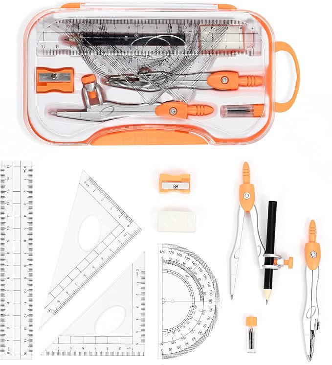 Unjoo Geometry Set 10 Pcs Student Supplies, Protractor and Compass (Orange） | Shatterproof Storage Box,Rulers,Protractor,Compass,Eraser,Pencil Sharpener,Lead Refills,Pencil,for Classroom, Back to School