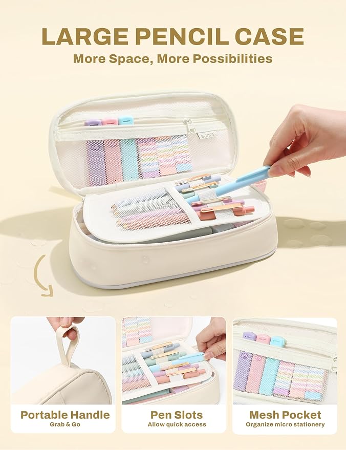 SUNEE 35PCS Aesthetic Stationery Set with Cute Pencil Case, Pastel Highlighters, Black Gel Pens, Mechanical Pencils & Refills, College School Supplies for Students Girls Beige