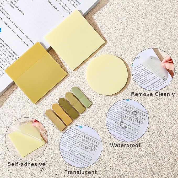 1450 Sheets Transparent Sticky Notes, 3 x 3 inch Aesthetic Clear Lined Sticky Notes with Pen, Gradient Color Waterproof Self-Adhesive Annotation Tabs for Bible Journaling (Yellow)