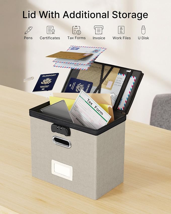 Oterri Lockable File Box Small 1-Pack Hanging Organizer for Letter-Size | Dustproof Lid. 3 Mesh Pockets. Collapsible Scratch-Resistant GRS Linen. Slide Rails. Office, Home, Dorm