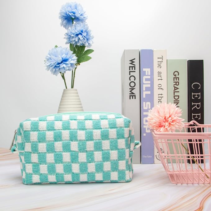 Checkered Makeup Bag for Purse, Small Cosmetic Pouch,Arctic Blue,6 Pack | Cute Zipper Makeup Organizer for Women, Travel Essentials, Toiletries, Makeup Brushes, Beauty Accessories&Bridesmaid Gifts