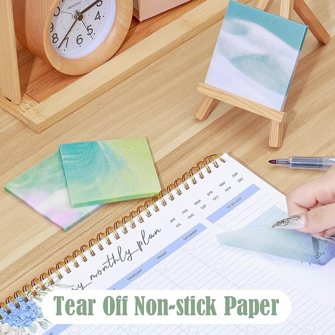 BAYTORY 200 Sheets Transparent Sticky Notes, Glitter Clear Sticky Note | 6Pcs Double-ended Colored Marker Pen, 3 x 3 Waterproof Self-Stick Notes, Easy to Post for Note Taking (Morandi)