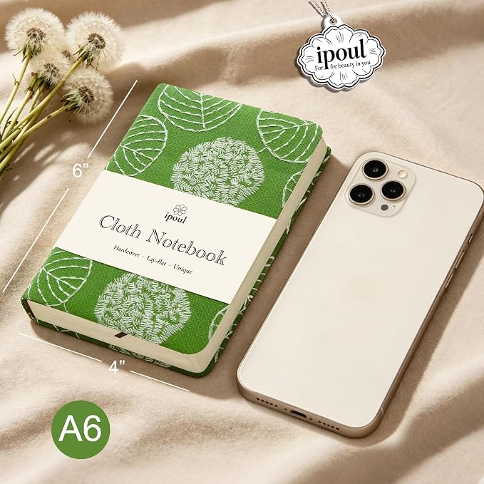 Embroidered Mini Notebook for Girl, Small Fabric Hardcover Journal, A6, 264 Pages, 4x6 Lined Notebook & unlined Sketchbook, Cute Diary, Pocket Notepad Kids Journal, Green Leaf.