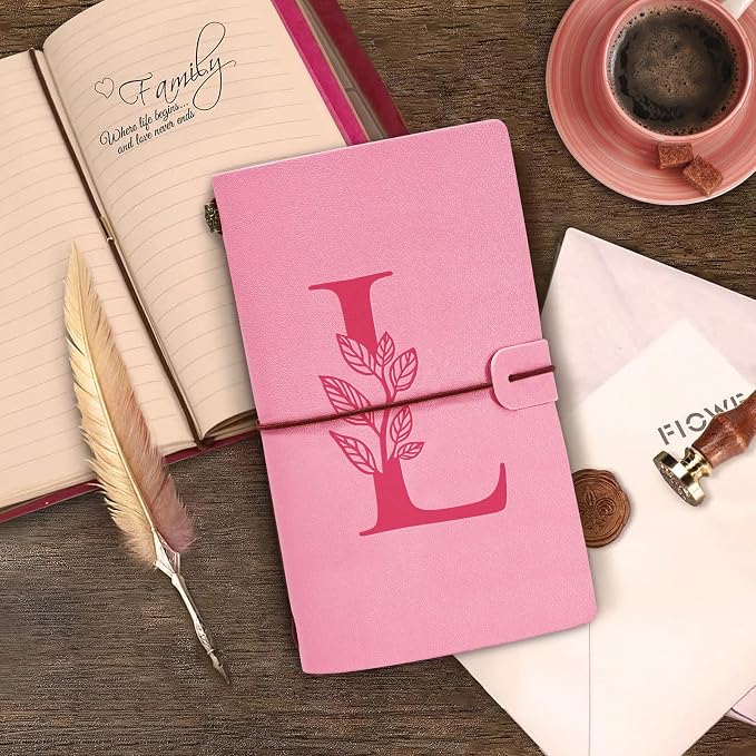 Personalized Journal Gift-Pink Initial Leather Journal+Heart Diamond Pen Set,Travel Notebook Diary Gifts,Refillable Notepads,Christmas,Birthday Gifts for Women Girls (7.9"x4.7") (L)