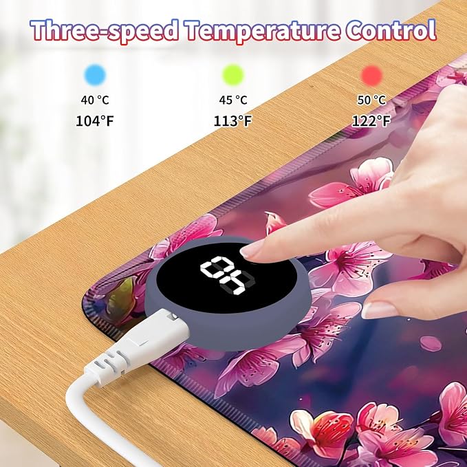 Heated Desk Pad Large Mouse Pad 23.6 x 14.1 inch with 3 Levels Heating & Auto Shut-Off Warm Mouse pad PU Leather Computer Mousepad for Home Office Work - Cherry Blossom and Hummingbird