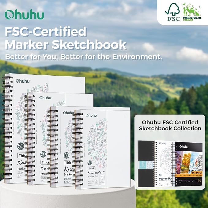 Ohuhu 8.3"x8.3" Double-Sided Bleedproof Marker Pad Art Sketchbook 50 Sheets | Square Sketch Book - 160 LB/280 GSM Smooth Drawing Paper - 50 Sheets/100 Pages - Spiral-Bound Sketch Pad for Alcohol Markers