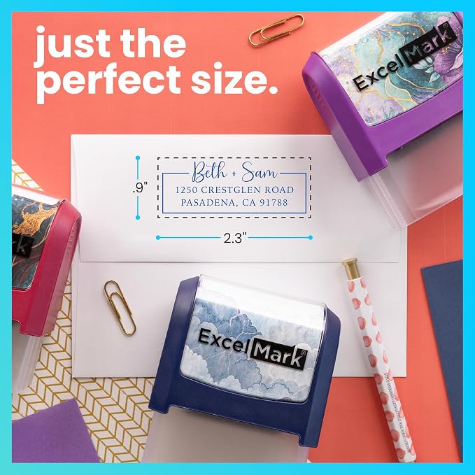 ExcelMark Custom Return Address Stamp (Purple, Signature Frame) | Custom Return Address Stamp with Elegant Designs, Vibrant Colors & Patterns – Perfect for Mail, Invitations & Gifts