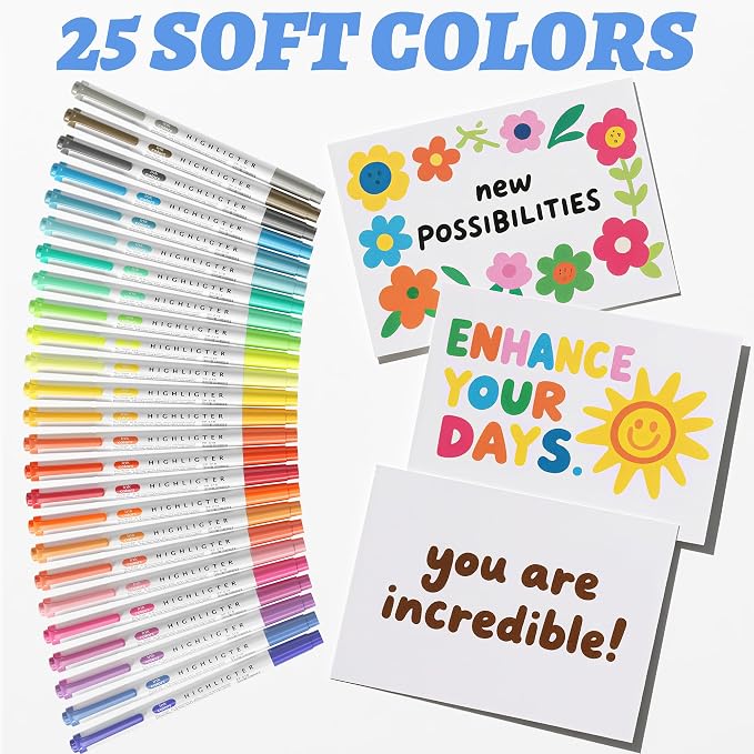Zmcik Double Ended Highlighters with Soft Chisel Tip, 25-Pack Quick Dry Assorted Colors, Pastel Highlighters Set for School/Office Journaling, Bible Assorted Colors