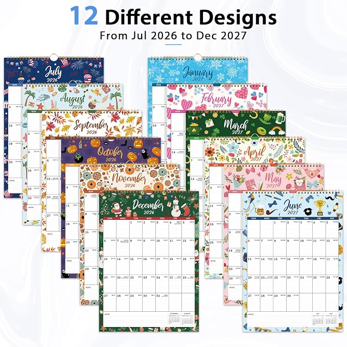 Calendar 2026-2027 - Wall Calendar 2026-2027, Jul 2026 - Dec 2027, 12" x 17", 18 Months Calendar 26-27, Large Writing Blocks for Home, Office & School Planning - 12 Different Themes
