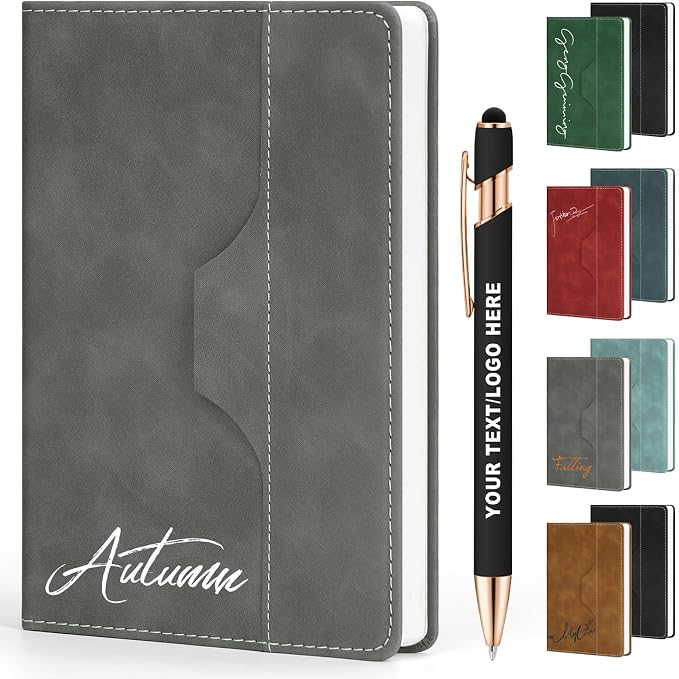ENOMY Personalized Notebook Set Custom A5 Journal UV Printing Personalized Journal with 10 PC Metal Pens for College Birthday Travel Business Gift, Gray