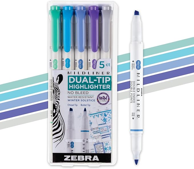 Zebra Pen MILDLINER No Bleed Highlighter, Winter Solstice, Dual Tip, 5-Pack | Broad and Fine Point Tip Marker Set, Ideal for Bible Highlighting, Journaling, School, Teacher and Office Supplies (78325)