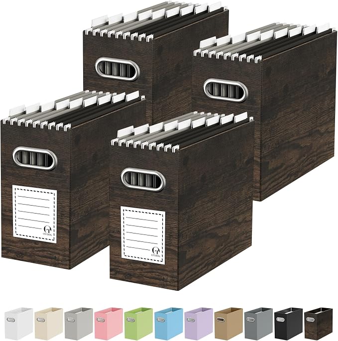 Oterri File Organizer Box, Portable Collapsible Cardboard File Folder Organizer with Handle for Letter Size Hanging Files,for Home Office & Classroom (4 Packs, Brown Wood Grain Print)