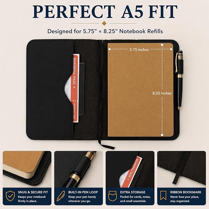 Premium Leather Journal Cover A5 – Handmade Refillable Notebook Cover Sleeve with Pen Holder for Writing, Travel & Business Use 5.75 x 8.25 (Black)