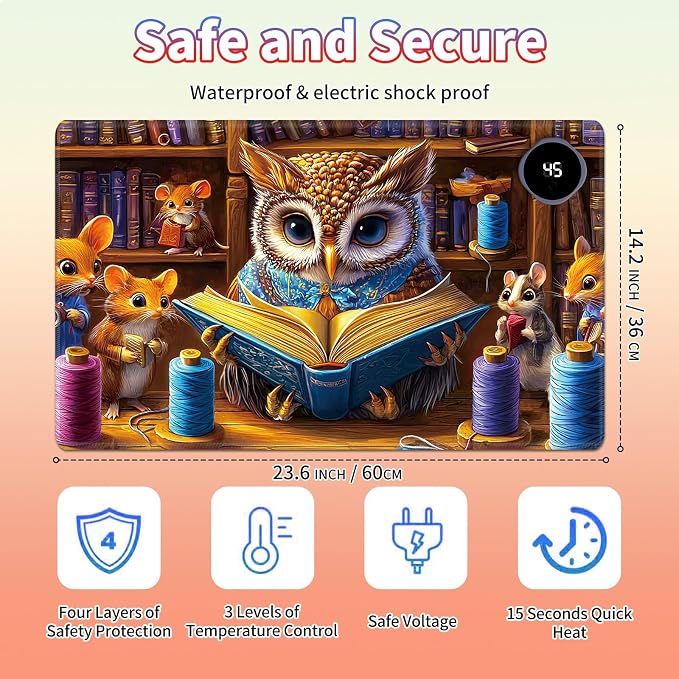 Heated Desk Pad Large Mouse Pad 23.6 x 14.1 inch with 3 Levels Heating & Auto Shut-Off Warm Mouse pad PU Leather Computer Mousepad for Home Office Work - Owl Book